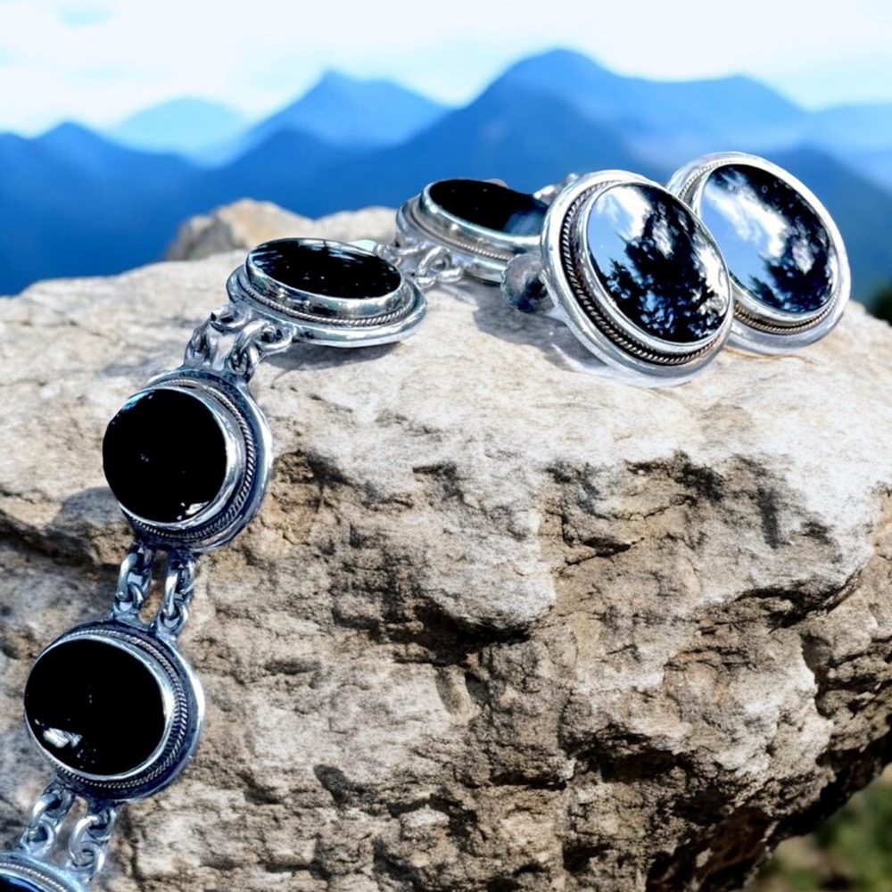 🌺Vintage Sterling & Onyx Bracelet and Earrings